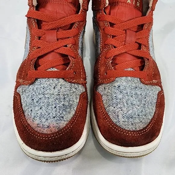Nike Air‎ Jordan 1 Mid Denim Shoes Red Cinnabar Hemp Dm4384-600 Youth Size 4Y