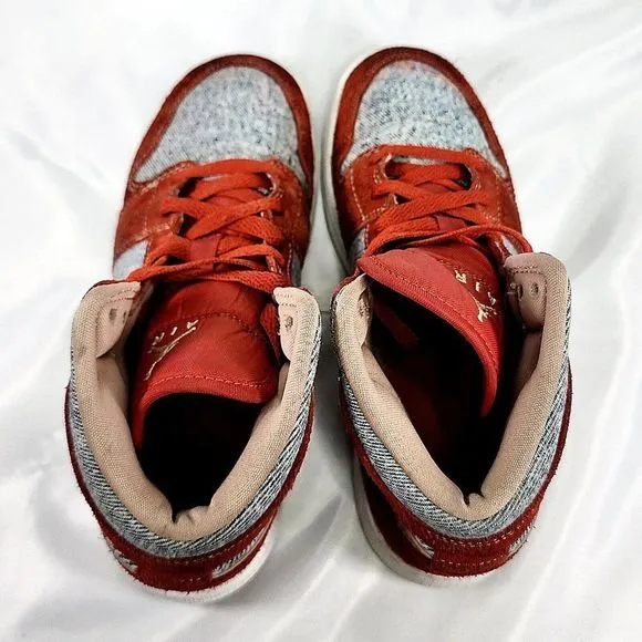 Nike Air‎ Jordan 1 Mid Denim Shoes Red Cinnabar Hemp Dm4384-600 Youth Size 4Y