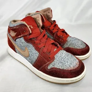Nike Air‎ Jordan 1 Mid Denim Shoes Red Cinnabar Hemp Dm4384-600 Youth Size 4Y
