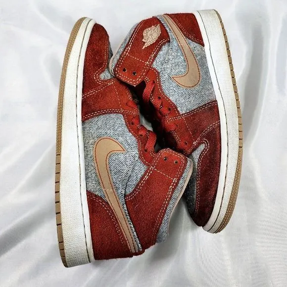 Nike Air‎ Jordan 1 Mid Denim Shoes Red Cinnabar Hemp Dm4384-600 Youth Size 4Y