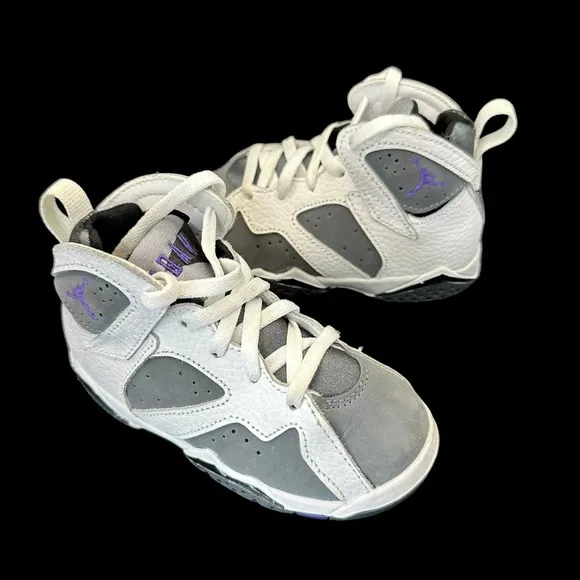 Nike Air Jordan Kids Retro Sneakers White, Flint Gray, Purple Logo Size 8C