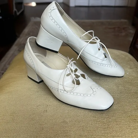 Nordstrom White Leather Block Heel Lace-up Brogue Dress Shoes Size 5