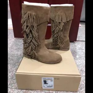NWB Zara Girls Fringed Taupe Leather Boots Sz 3