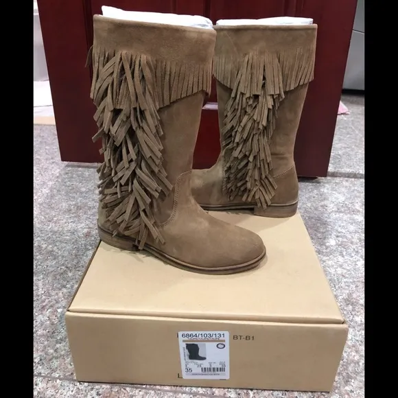 NWB Zara Girls Fringed Taupe Leather Boots Sz 3