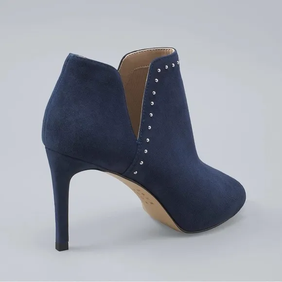 NWOB White House Black Market Silver Stud Trim Blue Suede Bootie/Heels Size 6.5