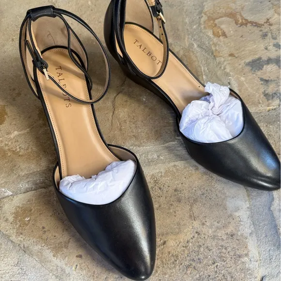 NWOT Talbots Black Laney D’Orsay Nappa Genuine Leather Wedge Shoe | Size 10
