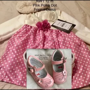 NWT 12 m Boutique Pink Polka Dot Dress &amp; VGUC Sz 6.5 Leather Shoes Outfit