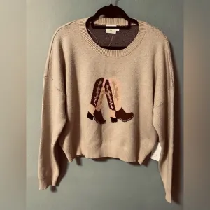 NWT Luna Ivy Cowboy Boots Knitted Sweater in Tan. Size Large