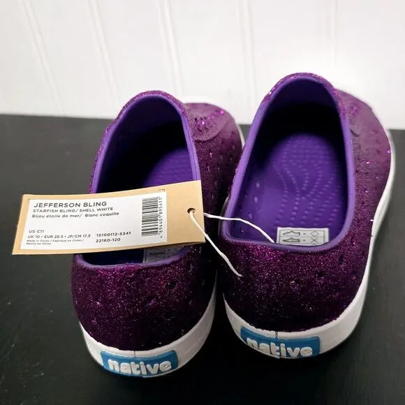 NWT Native‎ Slip On Childrens Shoes Purple Sparkle Jefferson Bling Size 13