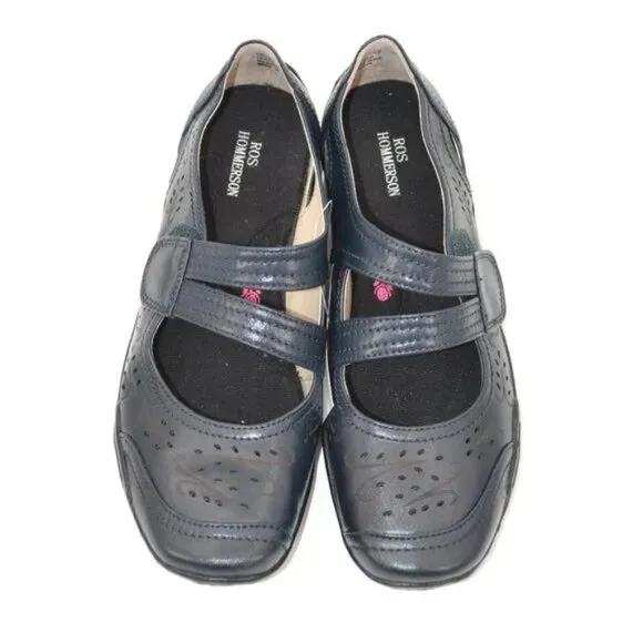 NWT Ros Hommerson Navy Blue Leather Velcro Comfort Floral Loafers Mocassins 7.5