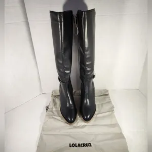 NWT Women's Lola Cruz Black Leather Knee-High Boots With Bag No Box