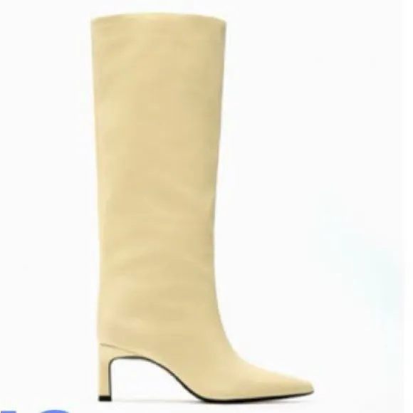 NWT. Zara Cream Leather High Heel Boots. Size 6.