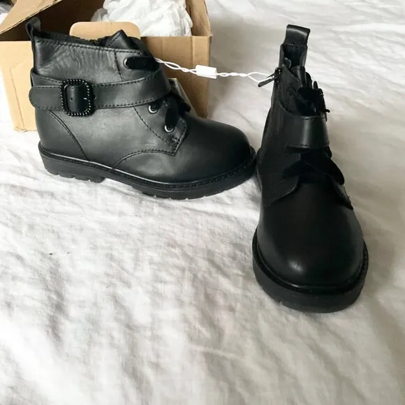 NWT ZARA kid boy girl black buckle leather boots  toddler 9.5