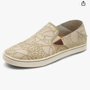 OLUKAI 100% Leather Tan Floral Pehuea Lau Slip On Shoes w/Drop Heel