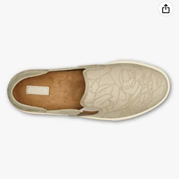 OLUKAI 100% Leather Tan Floral Pehuea Lau Slip On Shoes w/Drop Heel