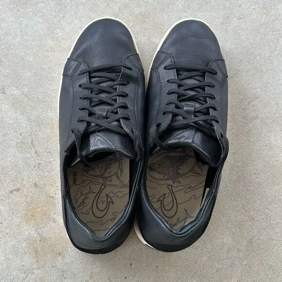Olukai Kahu Pahaha Shoes Black Leather Low Top Casual Sneakers Men’s Size 12