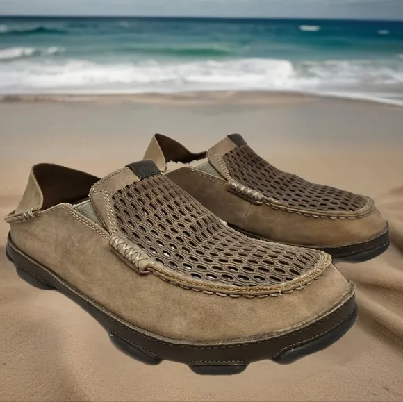 Olukai Mens Moloa Aho Slip On Shoes Sz 8.5 Tan Nubuck Casual Comfort Breathable