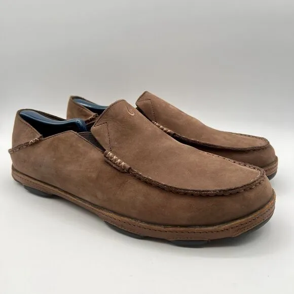 OLUKAI Moloā Men’s Leather Slip On Shoes Waxed Leather Brown Ray/Toffee Size 11