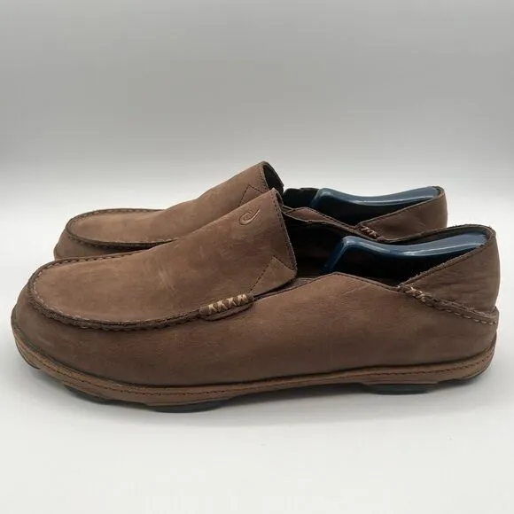 OLUKAI Moloā Men’s Leather Slip On Shoes Waxed Leather Brown Ray/Toffee Size 11