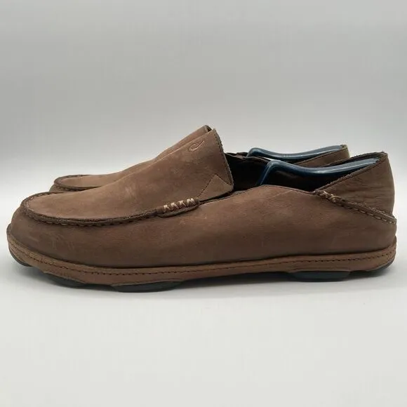 OLUKAI Moloā Men’s Leather Slip On Shoes Waxed Leather Brown Ray/Toffee Size 11
