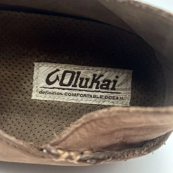 OLUKAI Moloā Men’s Leather Slip On Shoes Waxed Leather Brown Ray/Toffee Size 11