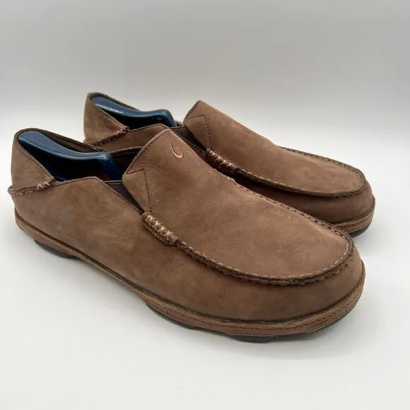 OLUKAI Moloā Men’s Leather Slip On Shoes Waxed Leather Brown Ray/Toffee Size 11