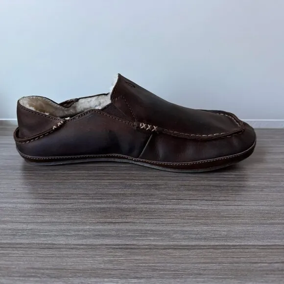 OluKai Moloa Men’s Nubuck Slipper Loafers Shoes $140 in Dark Wood
