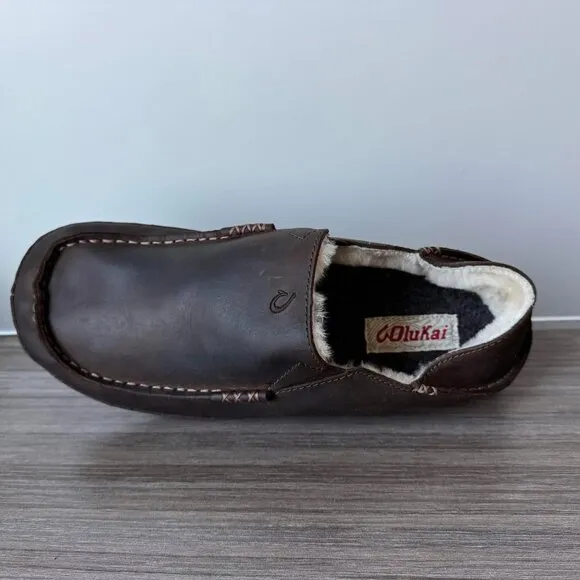 OluKai Moloa Men’s Nubuck Slipper Loafers Shoes $140 in Dark Wood