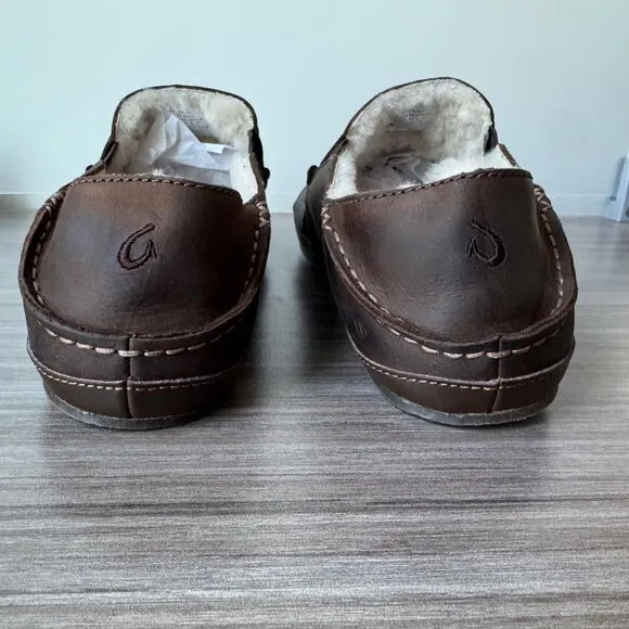 OluKai Moloa Men’s Nubuck Slipper Loafers Shoes $140 in Dark Wood