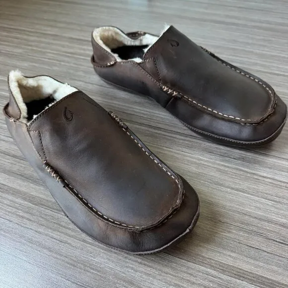OluKai Moloa Men’s Nubuck Slipper Loafers Shoes $140 in Dark Wood