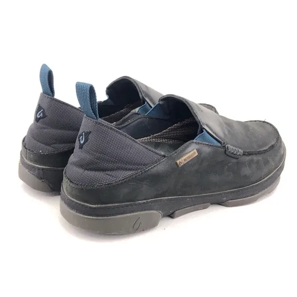OluKai Na'i WP Black Leather Slip on Shoes 11