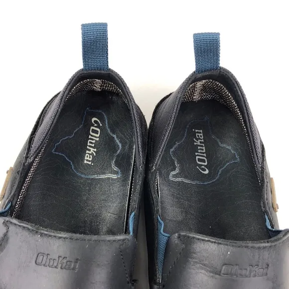 OluKai Na'i WP Black Leather Slip on Shoes 11