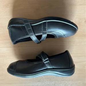 Orthofeet Black Genuine Leather Mary Jane Strap Loafer Ergonomic Walking Shoes