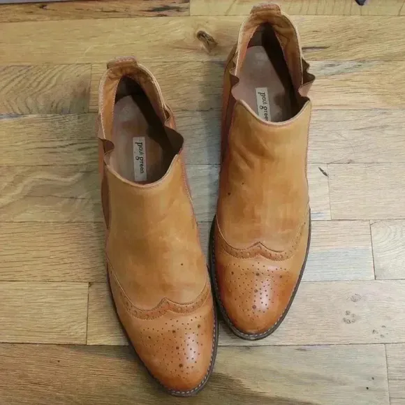 Paul Green Ava Wingtip Size 6.5 Camel Beige Leather Oxford Slip On Chelsea Boots