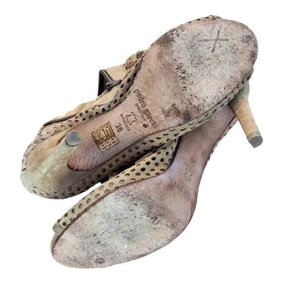 Pedro Garcia Sylvana Suede Lasercut Peep Toe Boots Spain 4&quot; Spike Heels 36 US 6