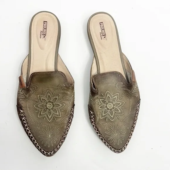 Pikolinos Bari Perforated Slip On Mules size 37 6.5 - 7 Olive Green Leather