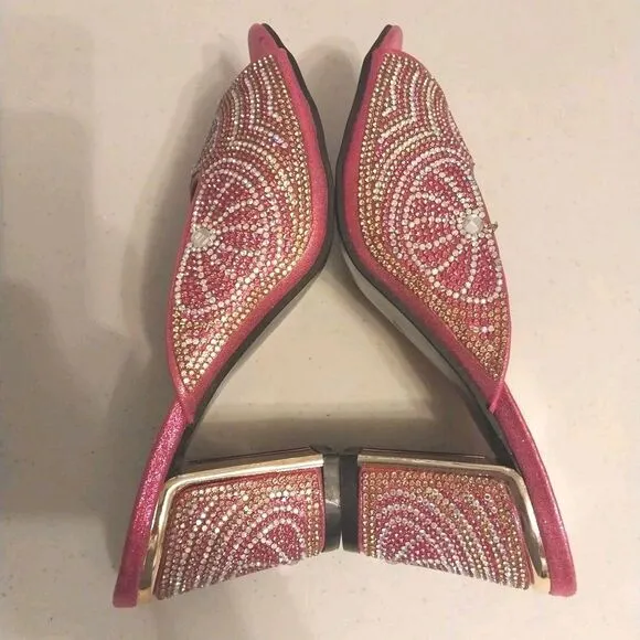 Pink Rhinestone Block Heel Size 41 Slip On Shoes Barbie Elegant Party Peep Toe