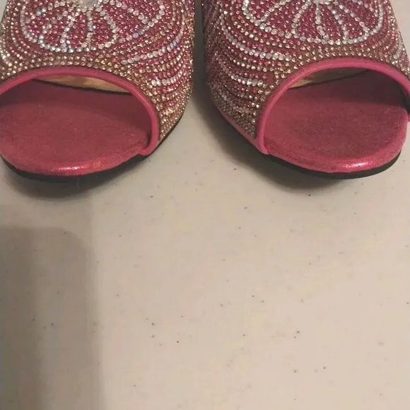 Pink Rhinestone Block Heel Size 41 Slip On Shoes Barbie Elegant Party Peep Toe