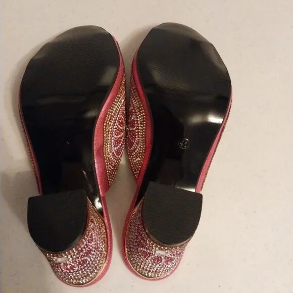 Pink Rhinestone Block Heel Size 41 Slip On Shoes Barbie Elegant Party Peep Toe