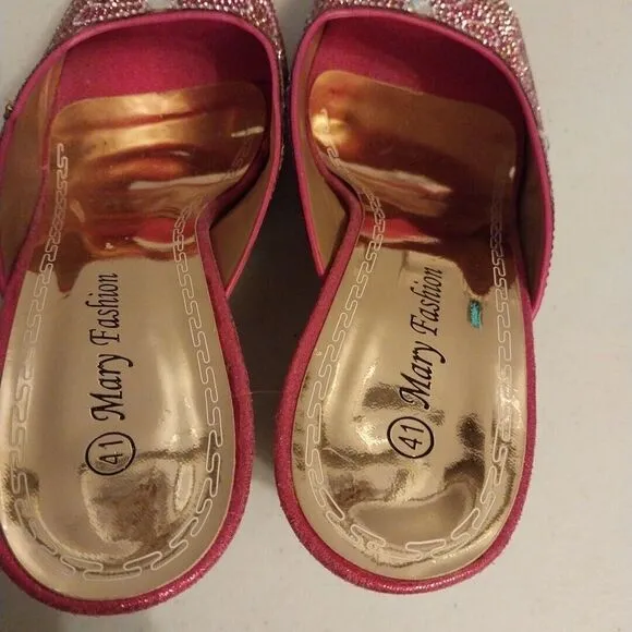 Pink Rhinestone Block Heel Size 41 Slip On Shoes Barbie Elegant Party Peep Toe