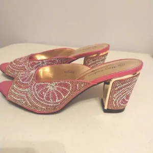 Pink Rhinestone Block Heel Size 41 Slip On Shoes Barbie Elegant Party Peep Toe