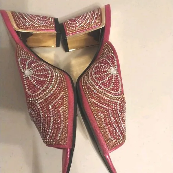 Pink Rhinestone Block Heel Size 41 Slip On Shoes Barbie Elegant Party Peep Toe
