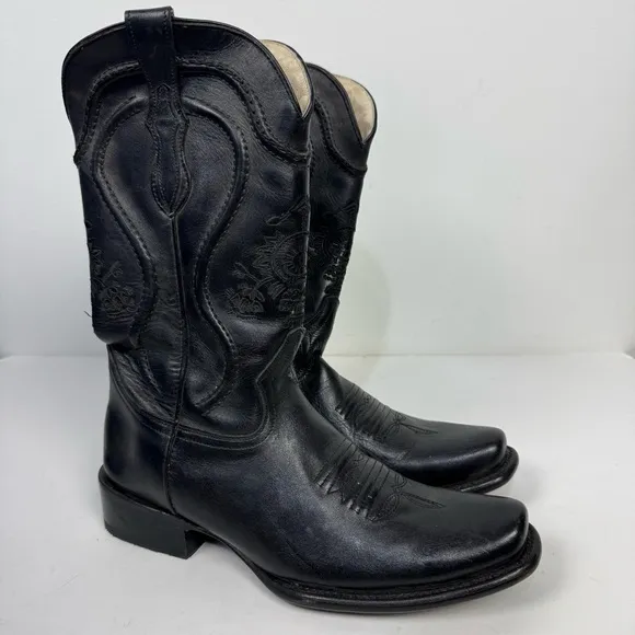 Pistolero Black Leather Embroidered Square Toe Western Cowboy Boots Rodeo