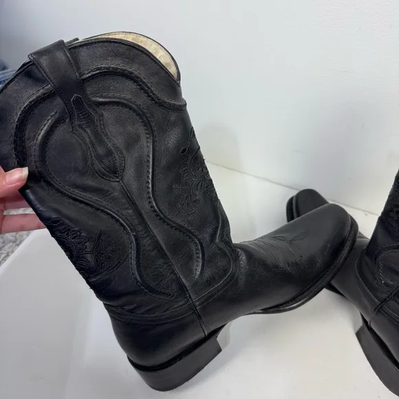 Pistolero Black Leather Embroidered Square Toe Western Cowboy Boots Rodeo
