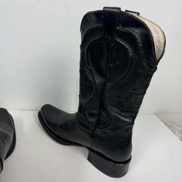 Pistolero Black Leather Embroidered Square Toe Western Cowboy Boots Rodeo