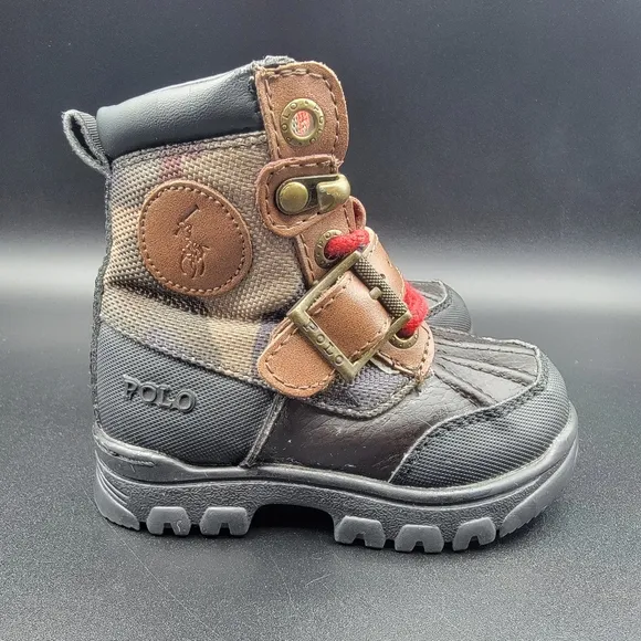 Polo Ralph Lauren Camouflage Toddler Boots Size 5C Black Brown Tan Leather Rare