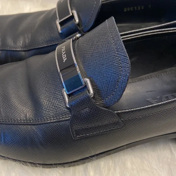 PRADA 2DC135 Black Saffiano Leather Lettering Logo Bit Loafers UK 7 - US 8