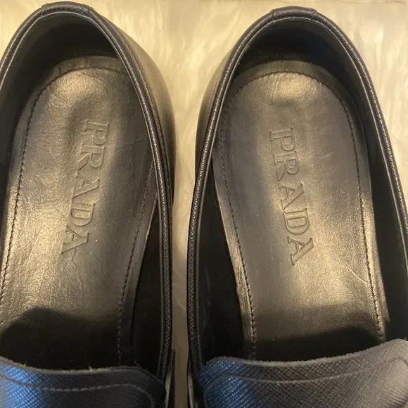 PRADA 2DC135 Black Saffiano Leather Lettering Logo Bit Loafers UK 7 - US 8