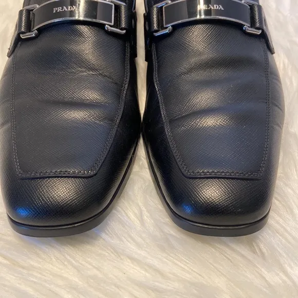 PRADA 2DC135 Black Saffiano Leather Lettering Logo Bit Loafers UK 7 - US 8