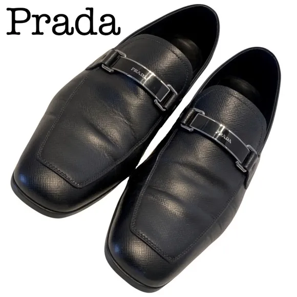 PRADA 2DC135 Black Saffiano Leather Lettering Logo Bit Loafers UK 7 - US 8